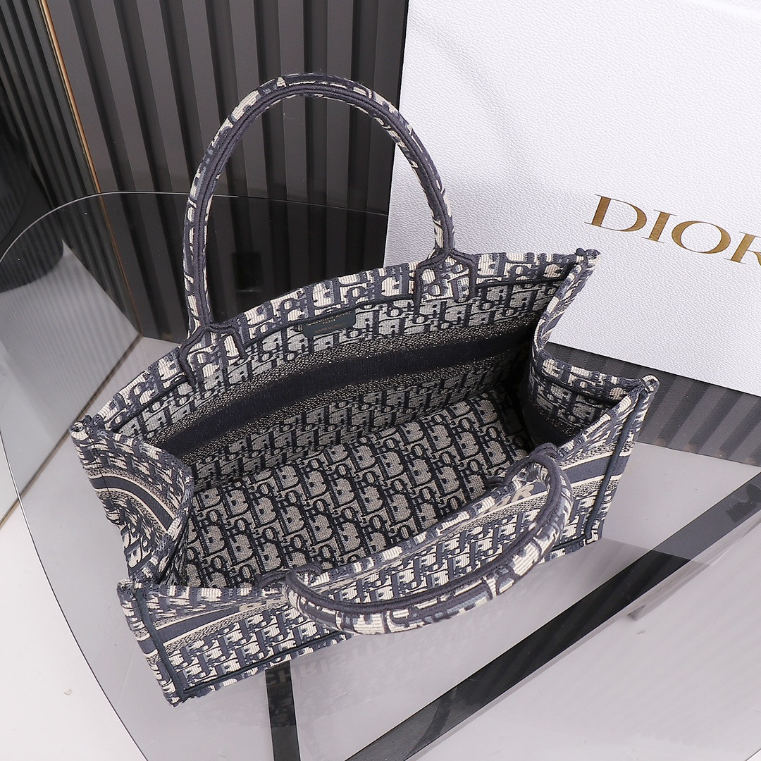 medium D*or book tote ecru and blue D*or oblique embroidery 14 x 11 x 6.5 inches