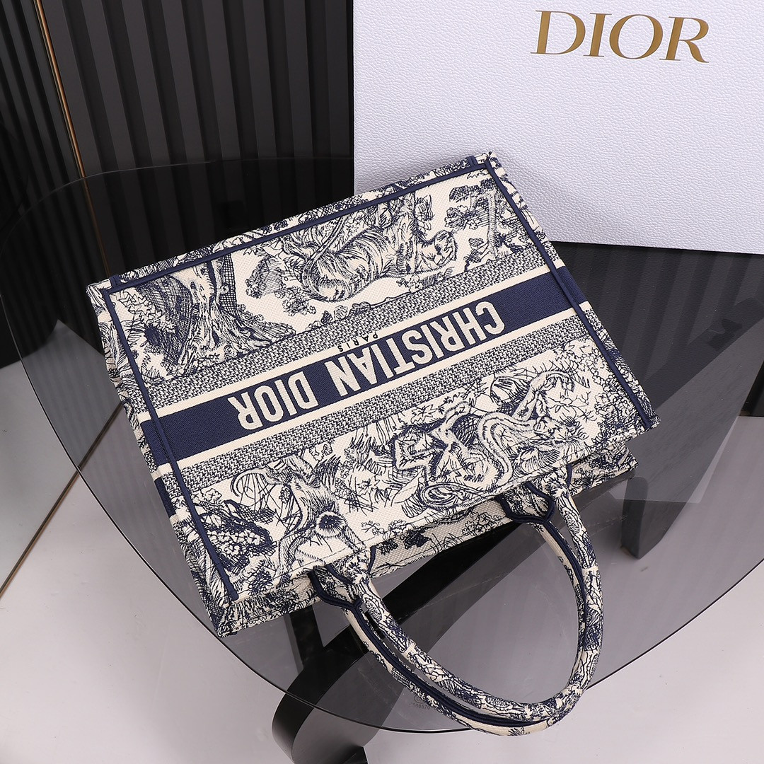 medium D*or book tote ecru and blue toile de jouy embroidery 14 x 11 x 6.5 inches