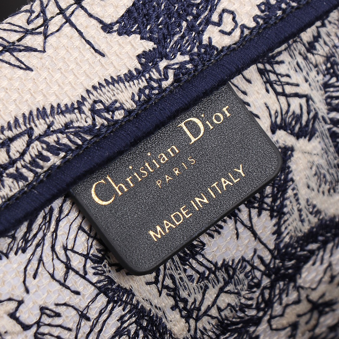 medium D*or book tote ecru and blue toile de jouy embroidery 14 x 11 x 6.5 inches
