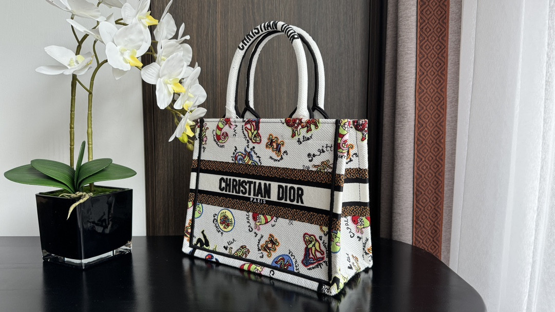 small D*or book tote white multicolor dragon zodiac embroidery 10.5 x 8.5 x 5.5 inches