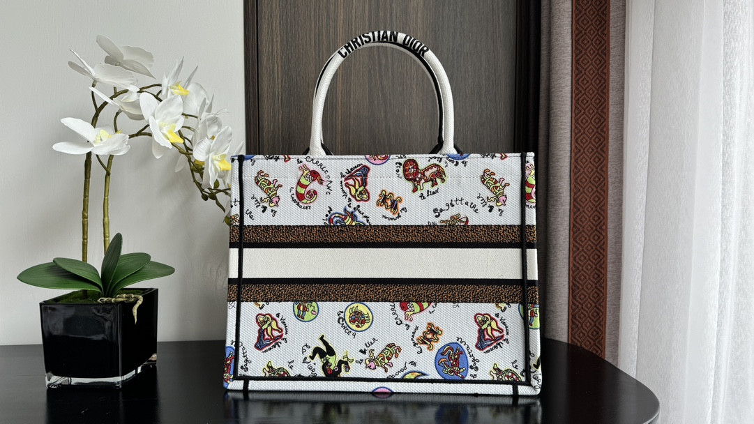 medium D*or book tote white multicolor dragon zodiac embroidery 14 x 11 x 6.5 inches
