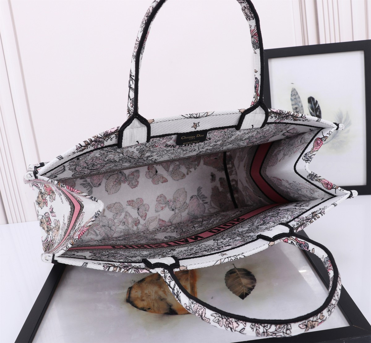 large D*or book tote white and pastel pink butterfly around the world embroidery 16.5 x 14 x 7.5 inches