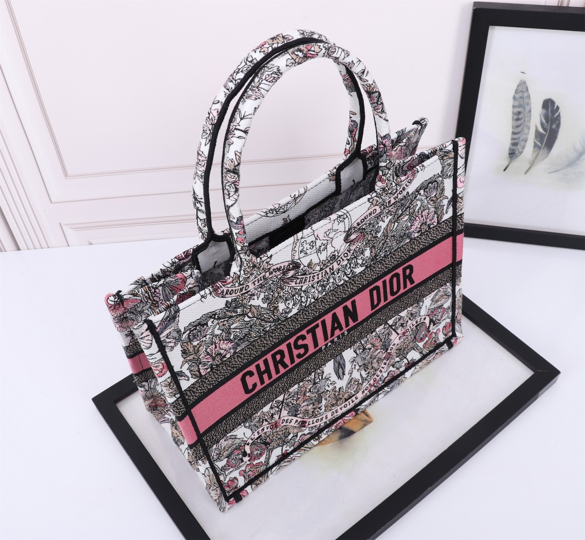 medium D*or book tote white and pastel pink butterfly around the world embroidery 14 x 11 x 6.5 inches