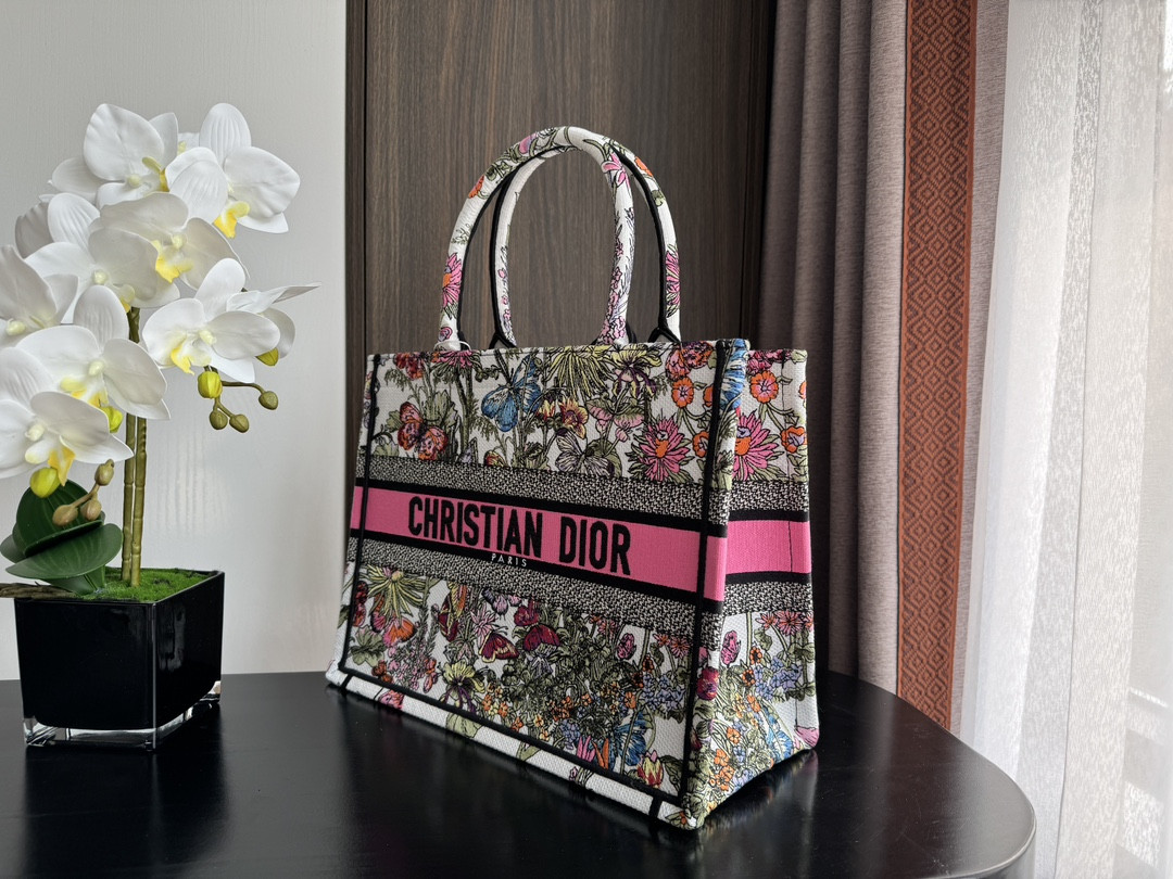 medium D*or book tote white multicolor mexico millefiori embroidery 14 x 11 x 6.5 inches