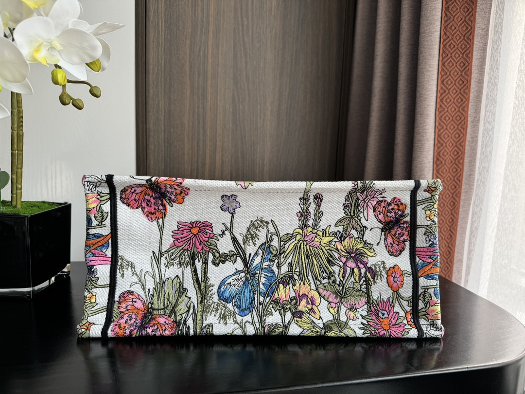 medium D*or book tote white multicolor mexico millefiori embroidery 14 x 11 x 6.5 inches