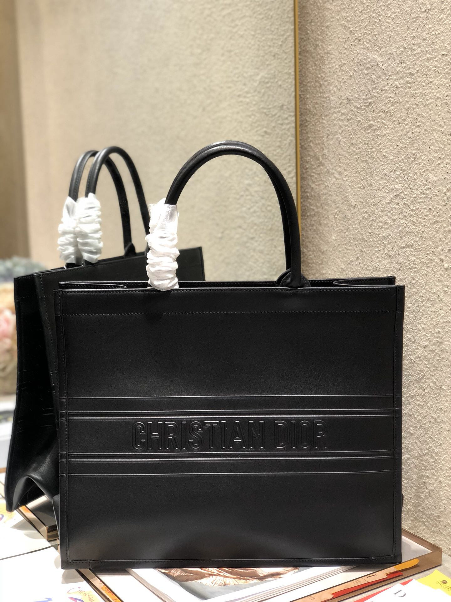 large D*or book tote black D*or oblique embossed calfskin 16.5 x 14 x 7.5 inches