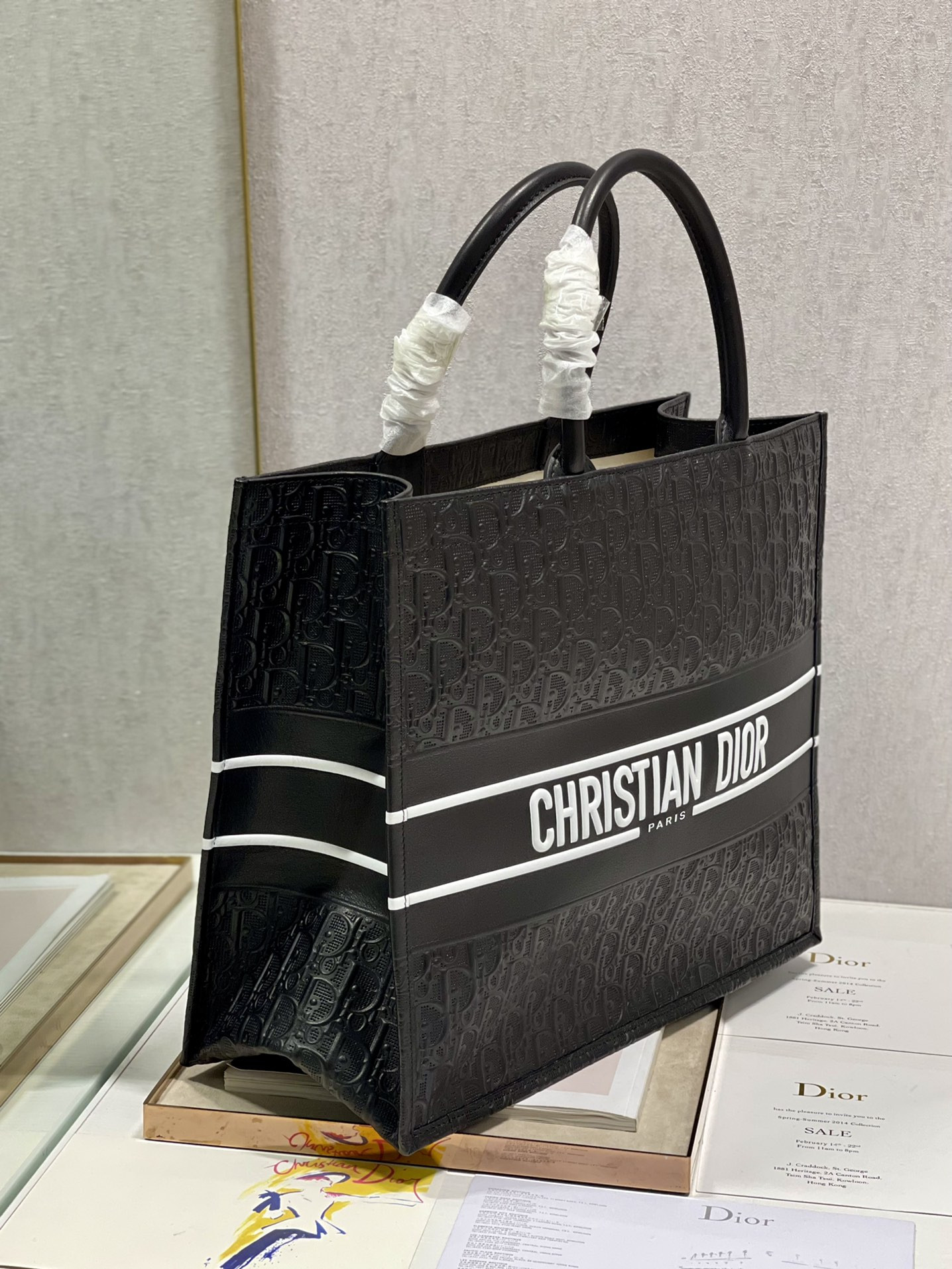 large D*or book tote black white D*or oblique embossed calfskin 16.5 x 14 x 7.5 inches
