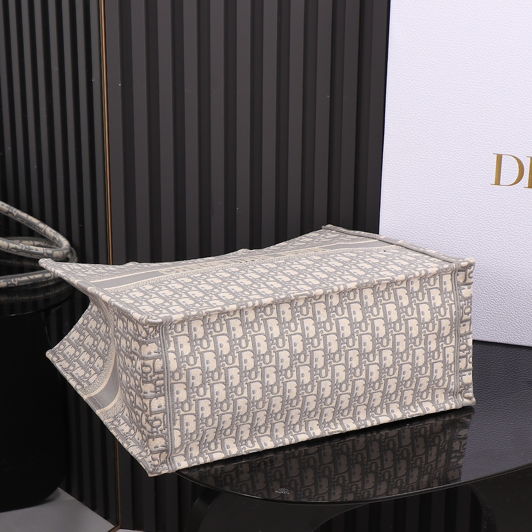 large D*or book tote ecru and gray D*or oblique embroidery 16.5 x 14 x 7.5 inches