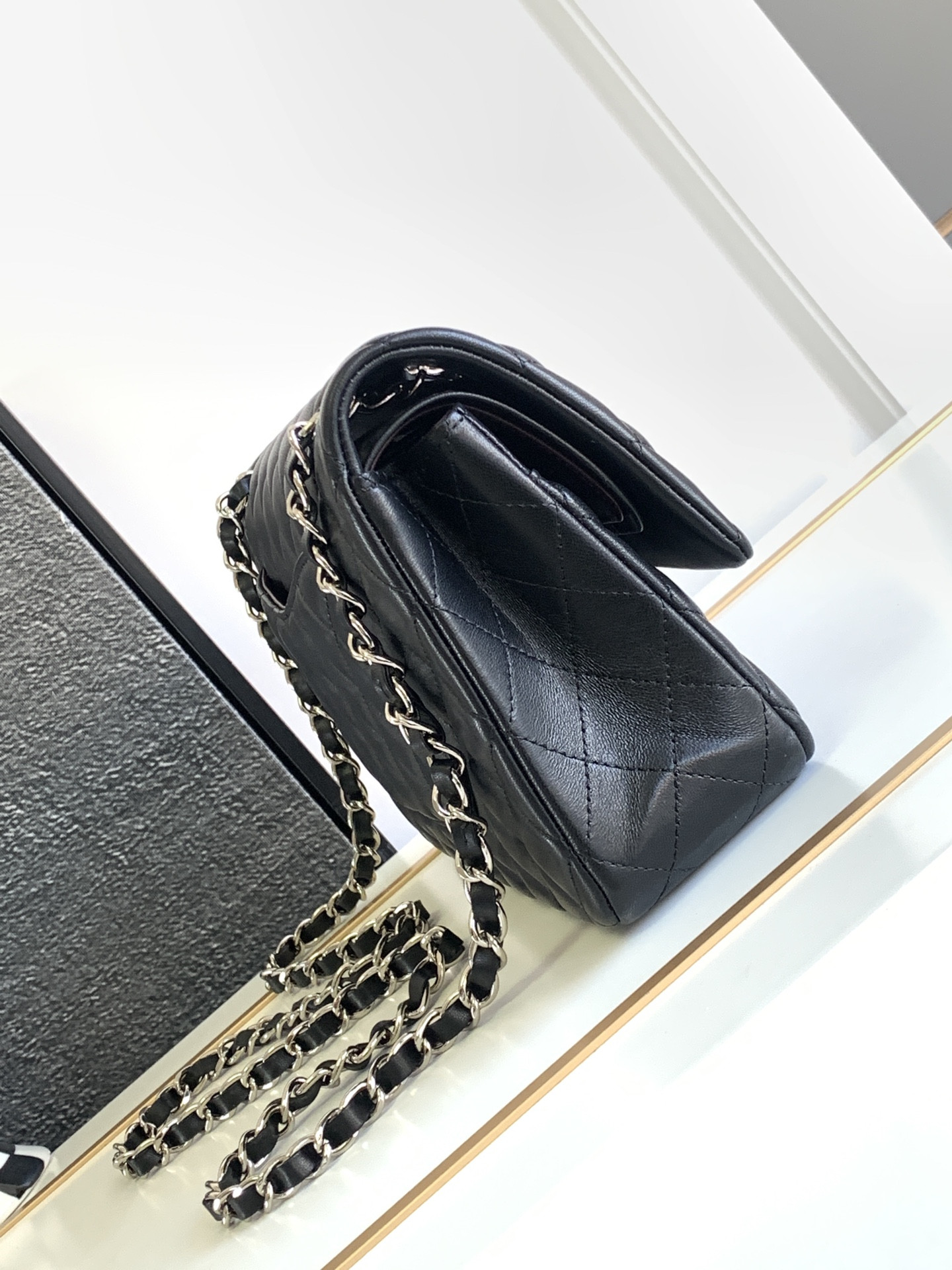 Ch*el classic handbag grained shiny calfskin & silver-tone metal black 6 × 9.9 × 2.5 in