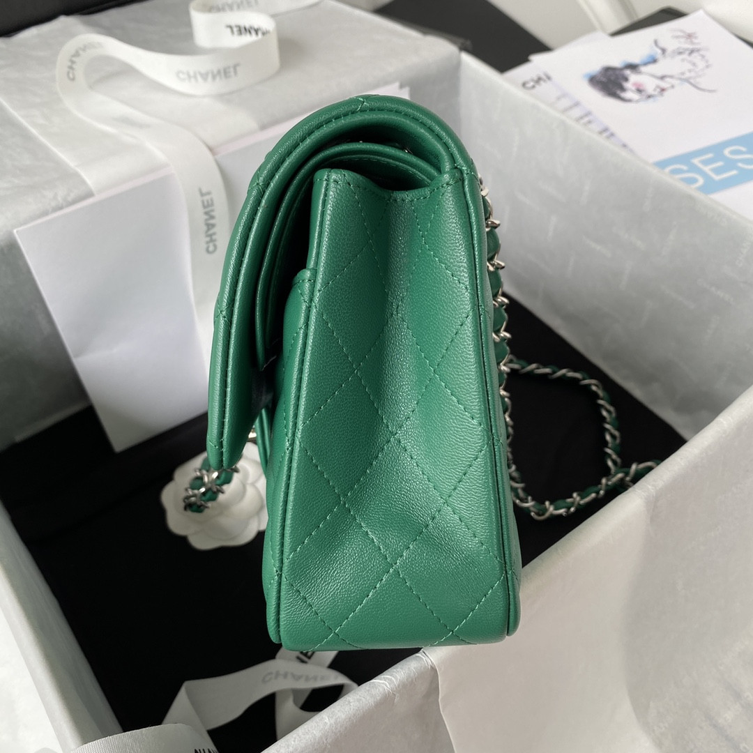 Ch*el classic handbag grained shiny calfskin & silver-tone metal green 6 × 9.9 × 2.5 in