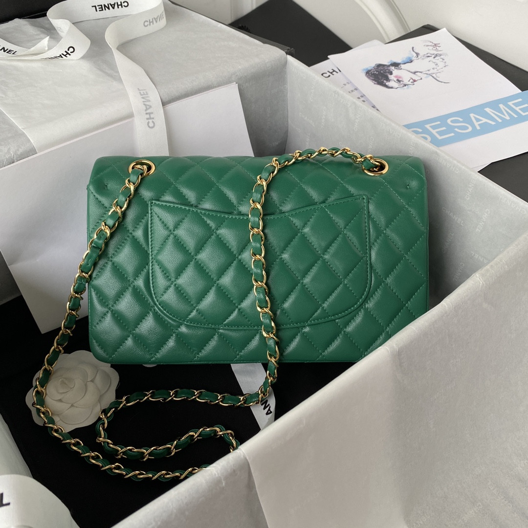 Ch*el classic handbag grained shiny calfskin & gold-tone metal green 6 × 9.9 × 2.5 in