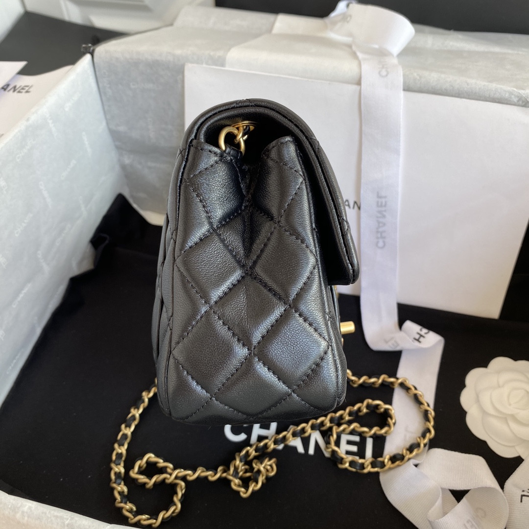 Ch*el mini flap bag shiny calfskin & gold-tone metal black 5.3 × 6.6 × 3.1 in