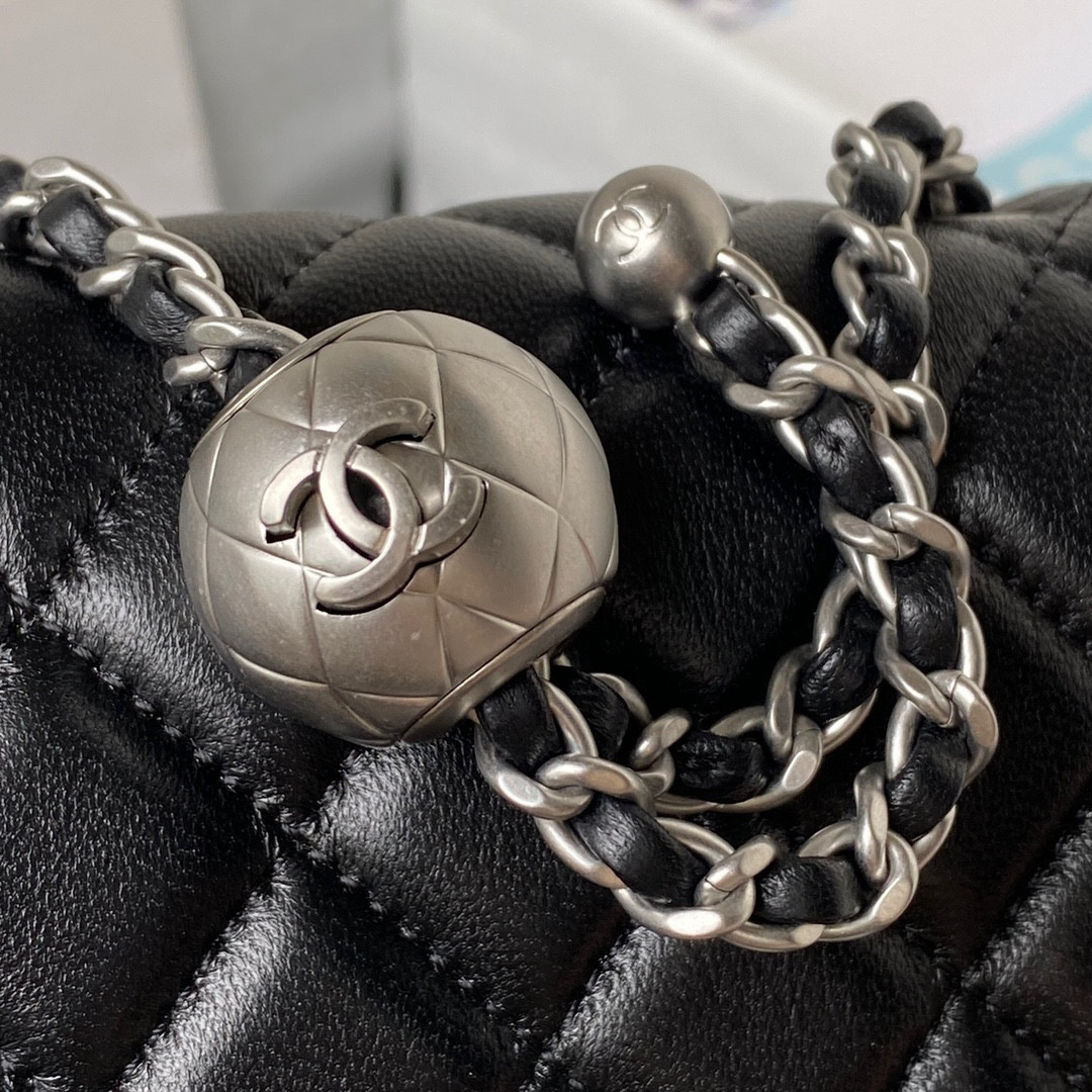 Ch*el mini flap bag shiny calfskin & silver-tone metal black 5.3 × 6.6 × 3.1 in