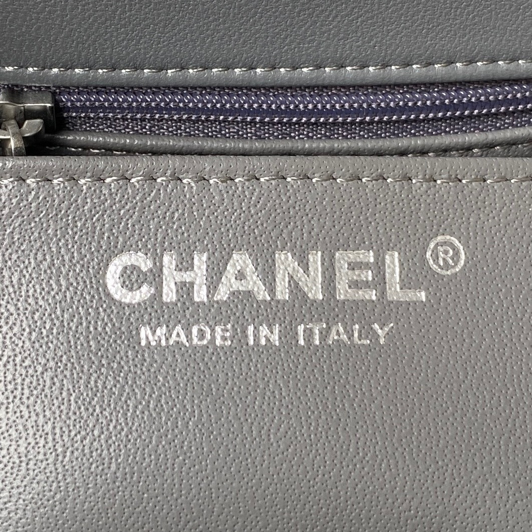 Ch*el mini flap bag shiny calfskin & silver-tone metal gray 5.3 × 6.6 × 3.1 in