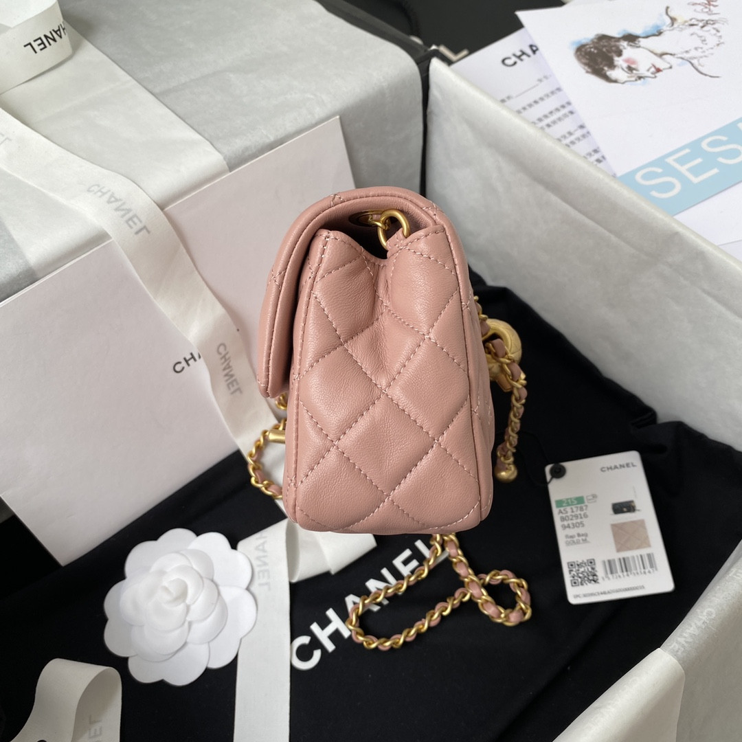 Ch*el mini flap bag shiny calfskin & gold-tone metal pink 4.7 × 7.8 × 2.3 in