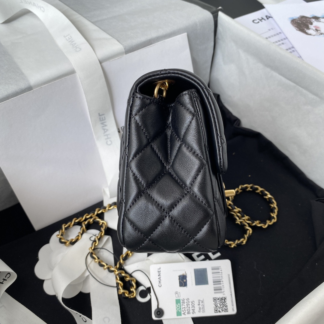 Ch*el mini flap bag shiny calfskin & gold-tone metal black 5.3 × 6.6 × 3.1 in