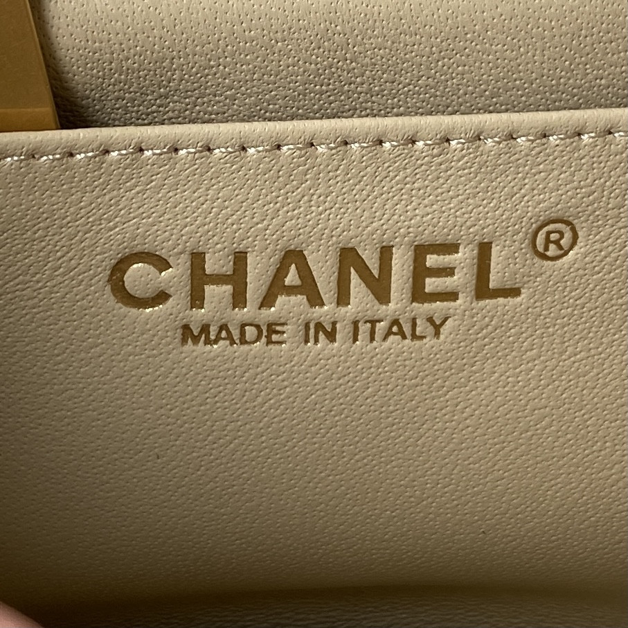 Ch*el mini flap bag shiny calfskin & gold-tone metal beige 5.3 × 6.6 × 3.1 in