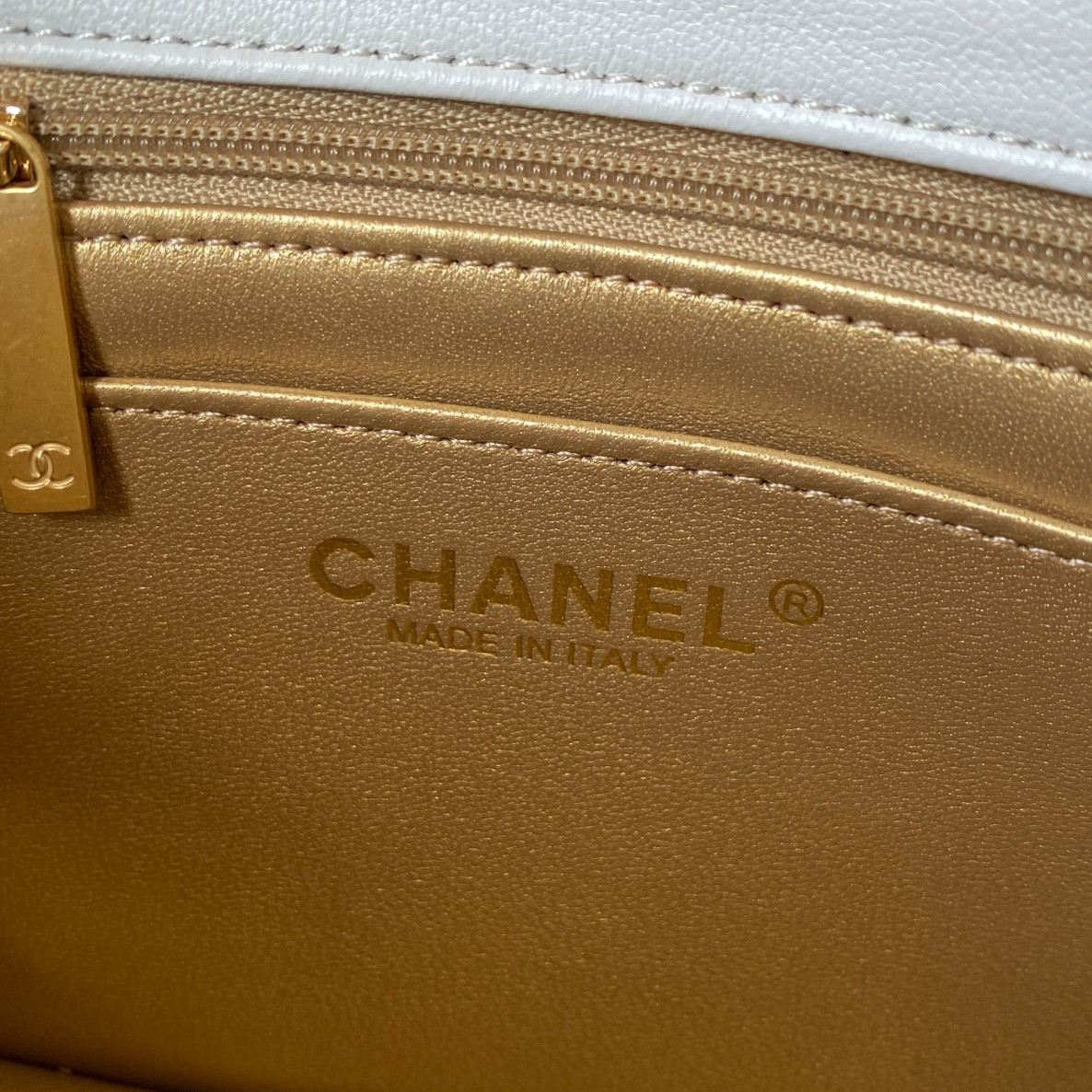 Ch*el mini flap bag shiny calfskin & gold-tone metal white 5.3 × 6.6 × 3.1 in