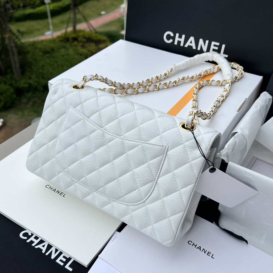 Ch*el classic handbag grained calfskin & gold-tone metal white 6 × 9.9 × 2.5 in