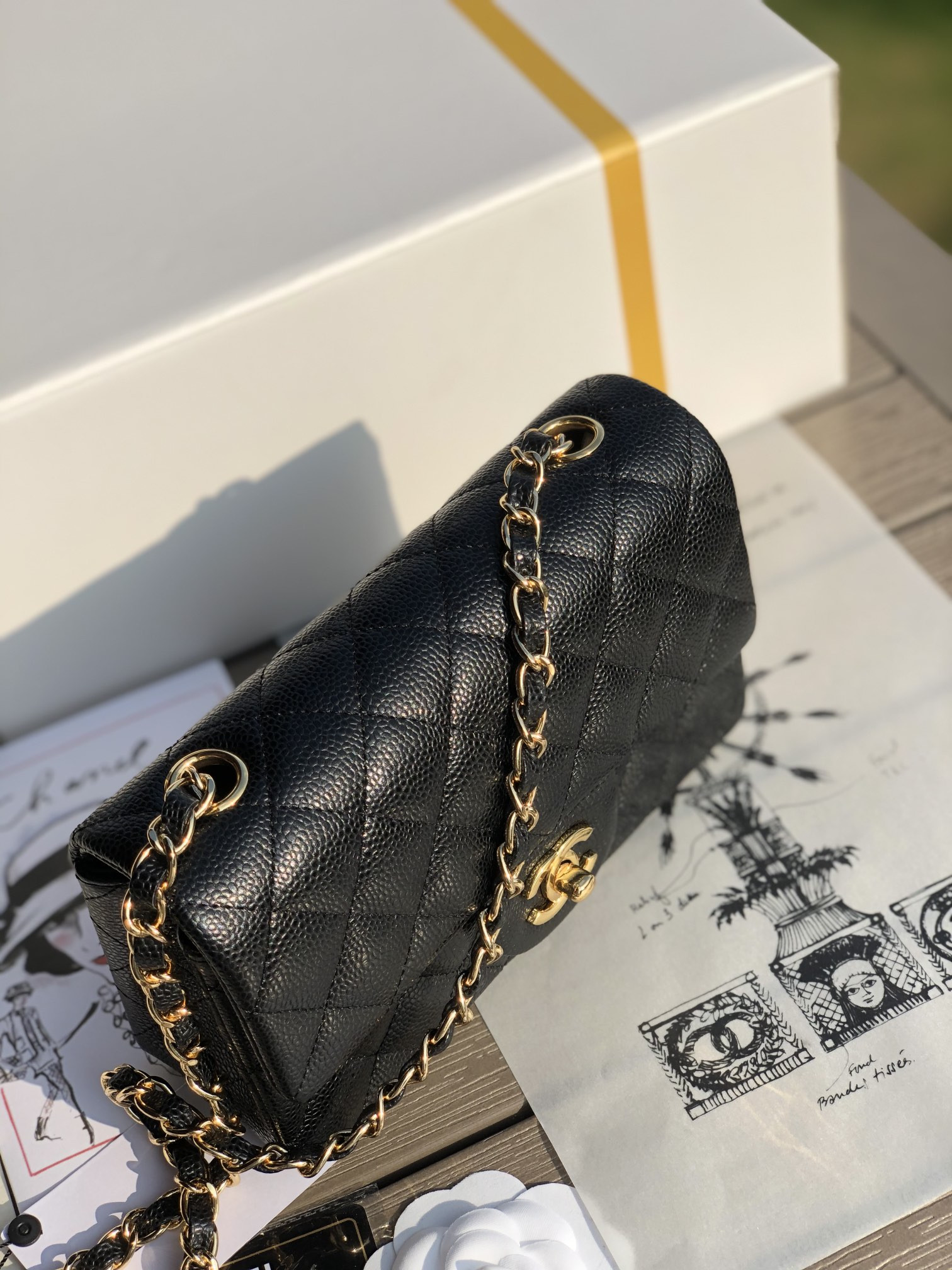 Ch*el mini flap bag black with gold-tone mental 4.7 × 7.8 × 2.3 in
