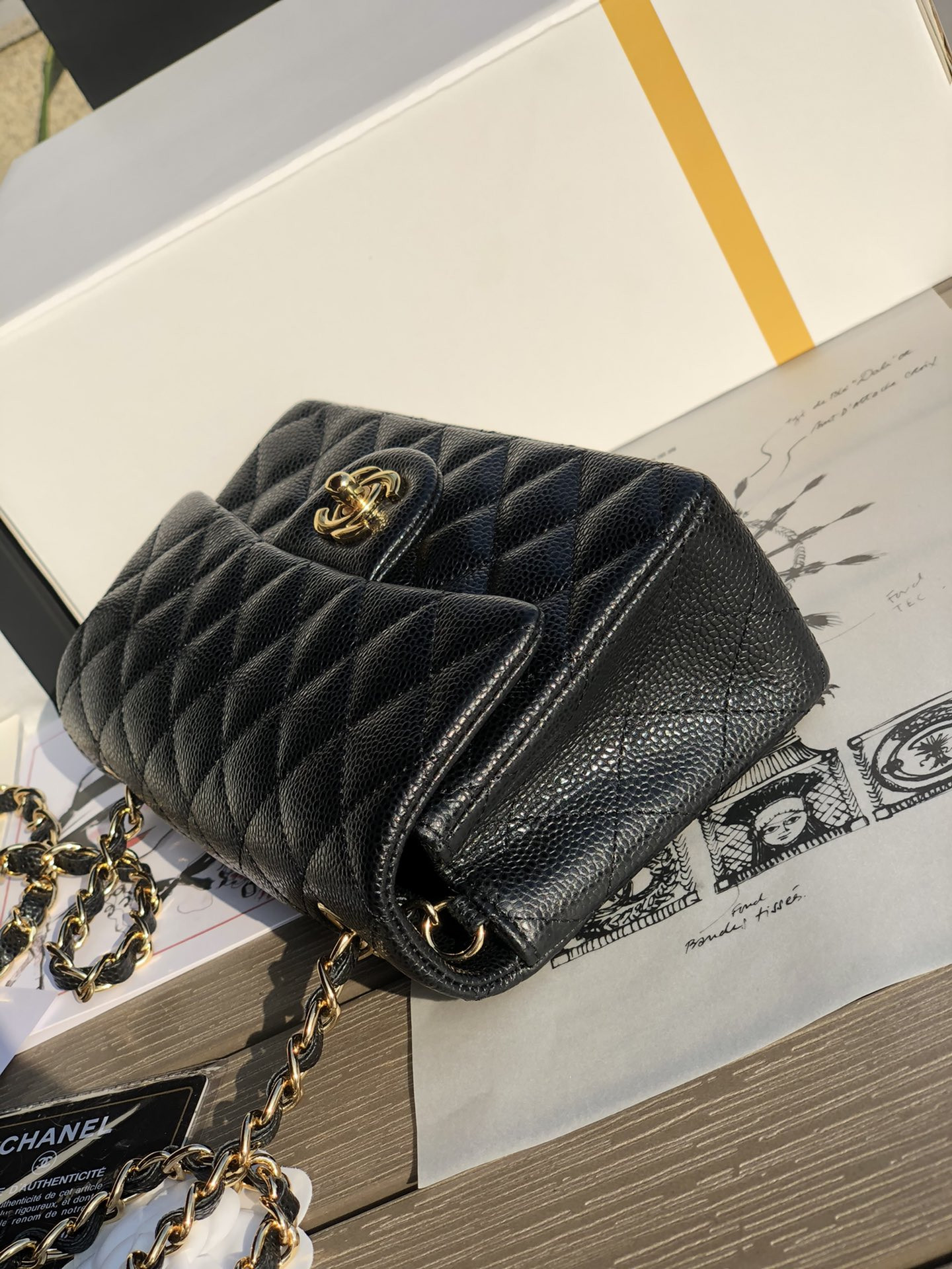 Ch*el mini flap bag black with gold-tone mental 4.7 × 7.8 × 2.3 in