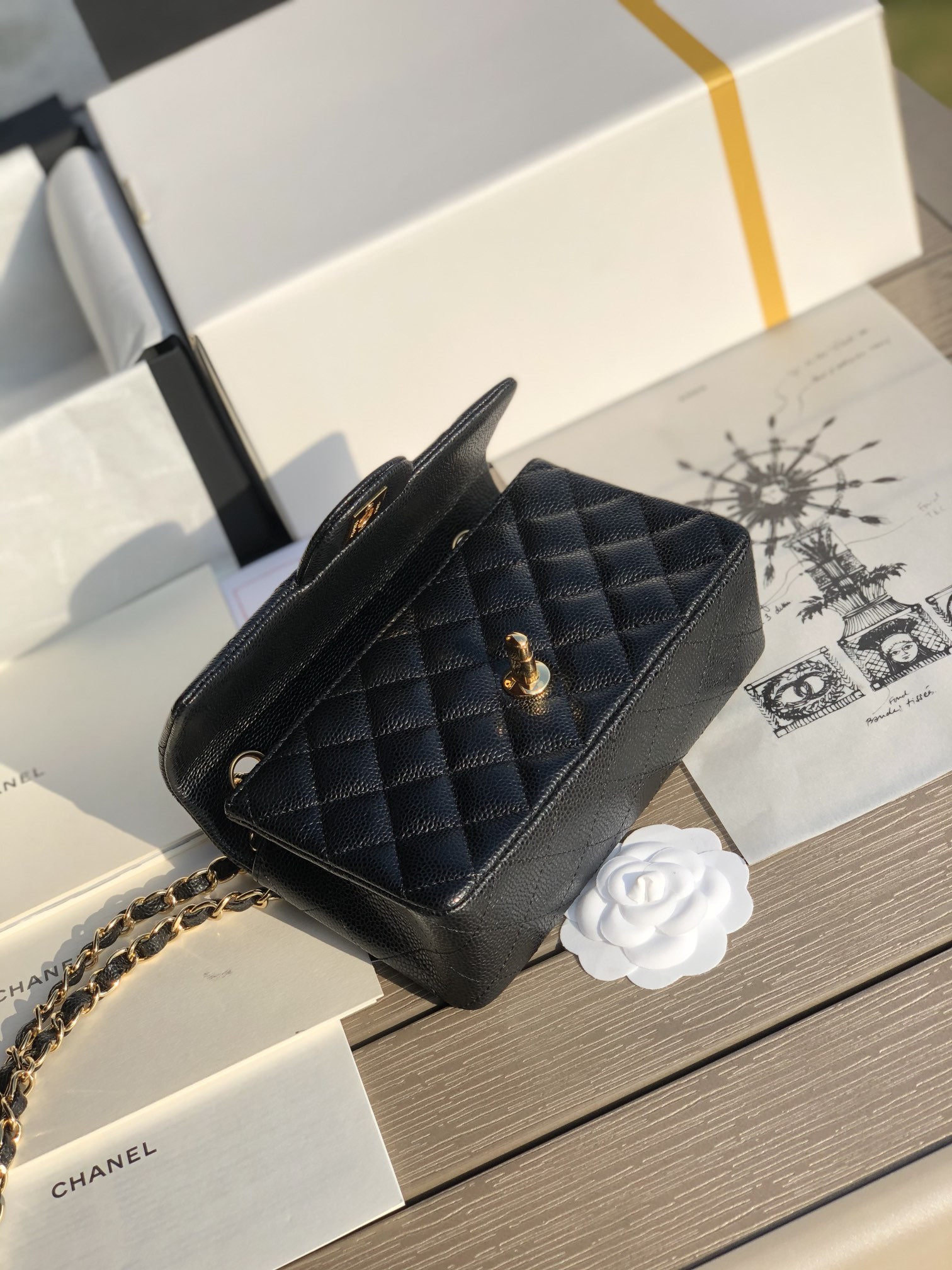 Ch*el mini flap bag black with gold-tone mental 4.7 × 7.8 × 2.3 in
