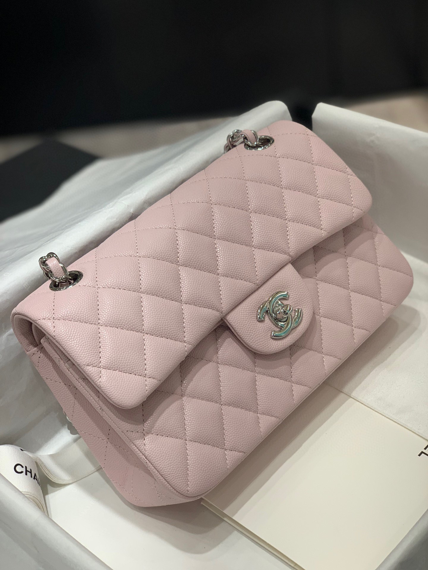 Ch*el classic handbag grained calfskin & silver-tone metal pink 6 × 9.9 × 2.5 in