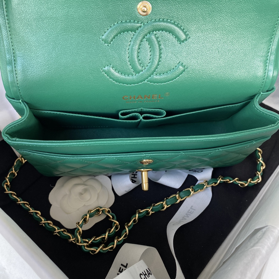 Ch*el small classic handbag grained shiny calfskin & gold-tone metal green 5.7 × 9 × 2.3 in
