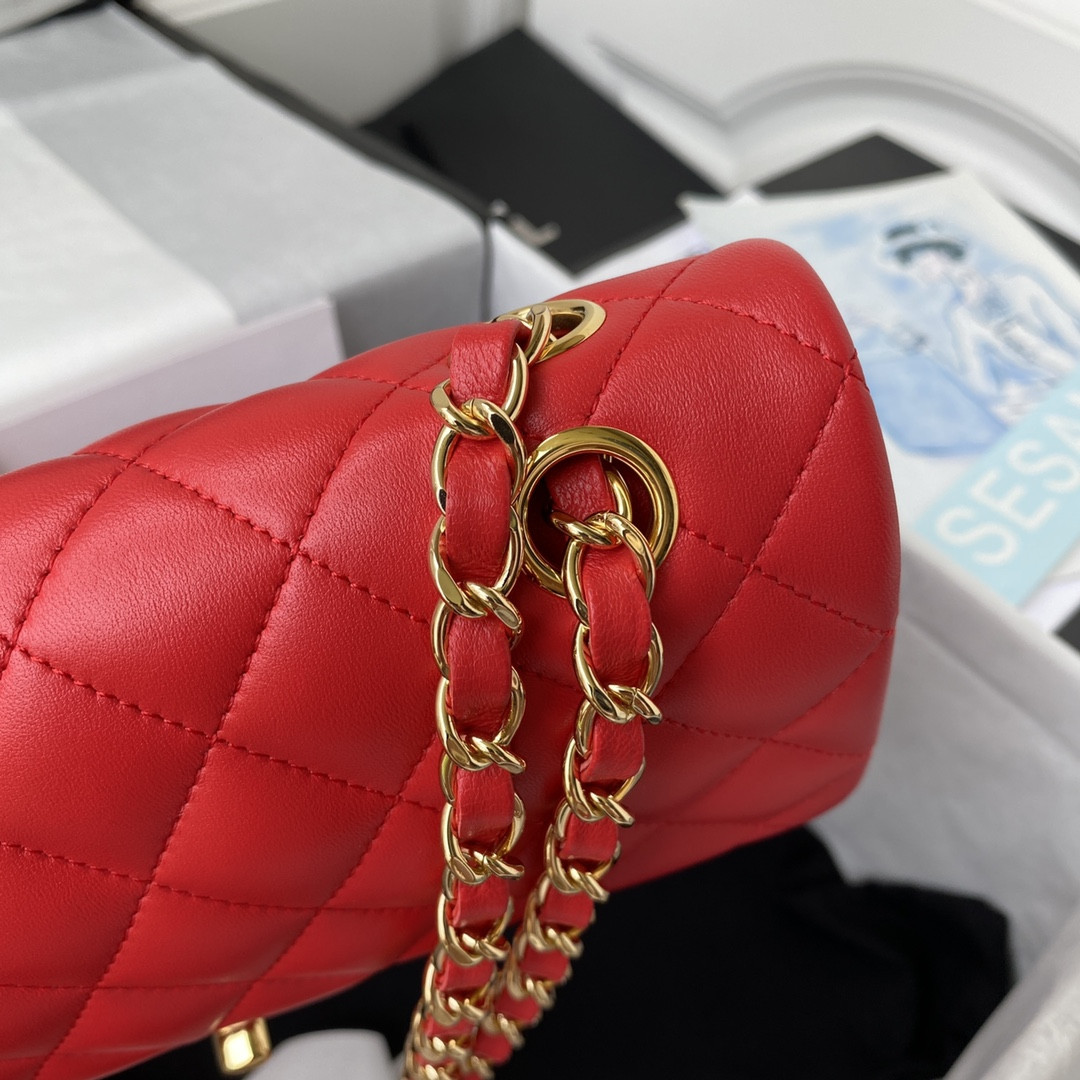 Ch*el small classic handbag lambskin & gold-tone metal red 5.7 × 9 × 2.3 in