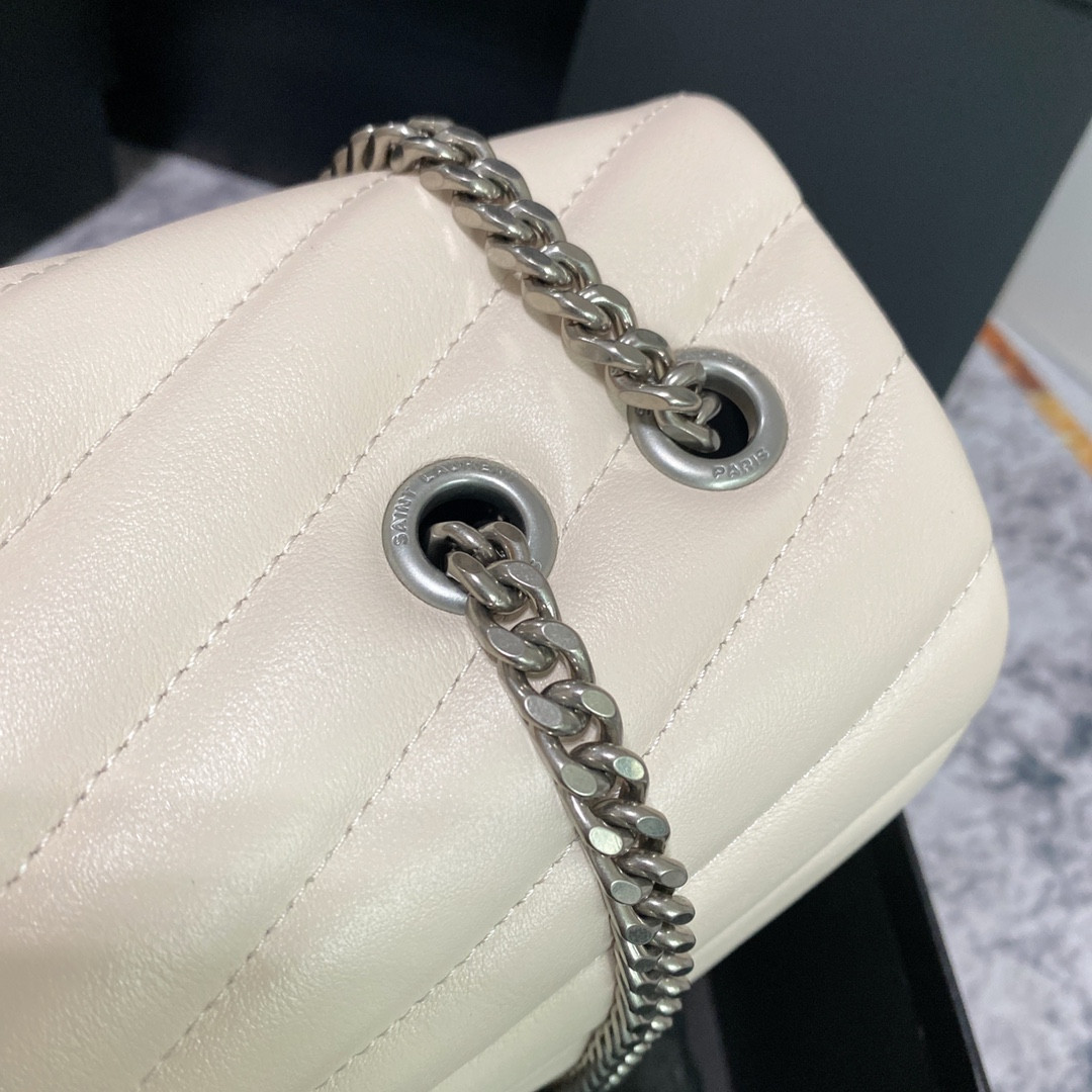 Y*L loulou medium in quilted leather blanc vintage silver 12.5 x 8.6 x 3.5 inches