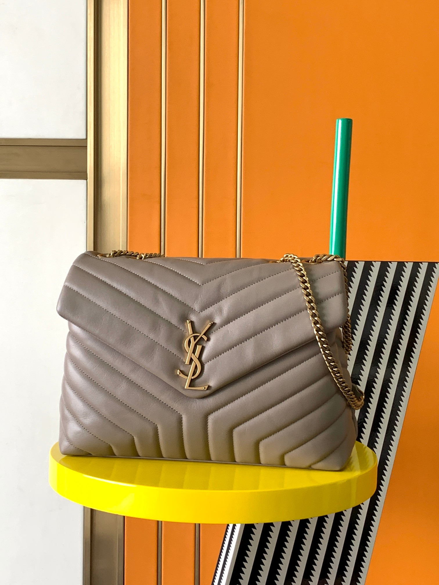 Y*L loulou medium in quilted leather gray 12.5 x 8.6 x 3.5 inches
