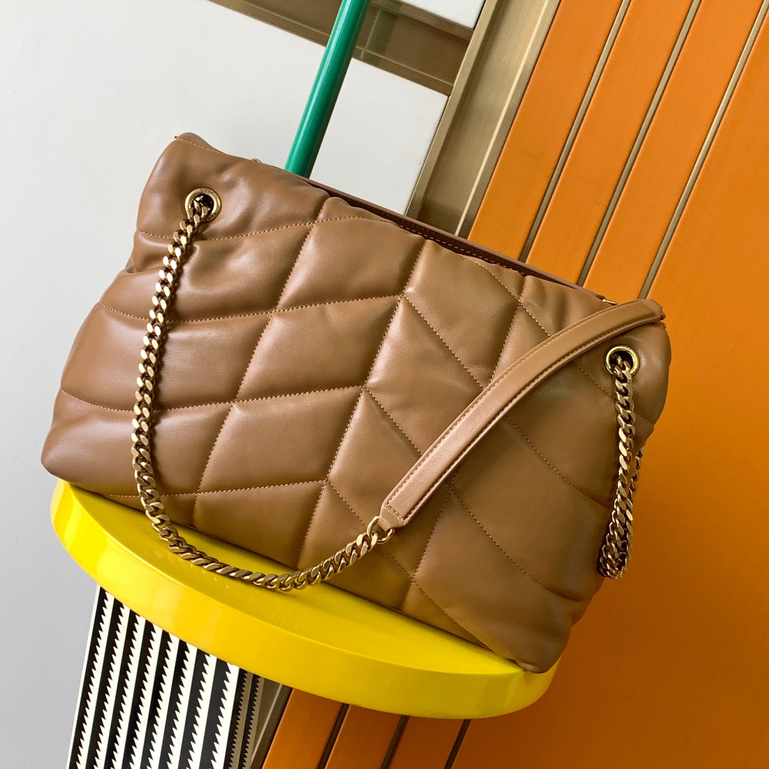 Y*L puffer medium in nappa leather brown 13.7 x 9 x 5.3 inches