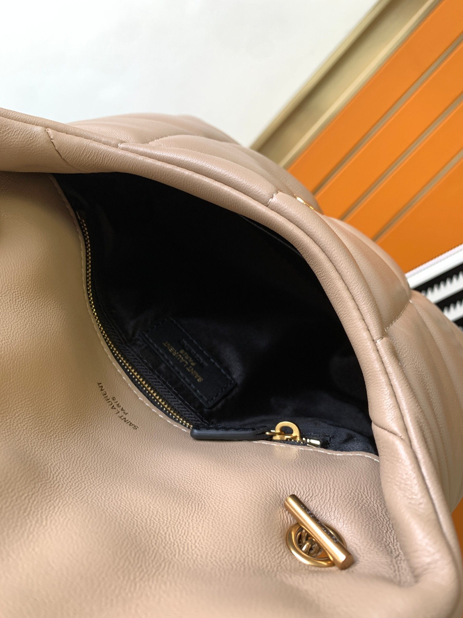 Y*L puffer medium in nappa leather dark beige 13.7 x 9 x 5.3 inches