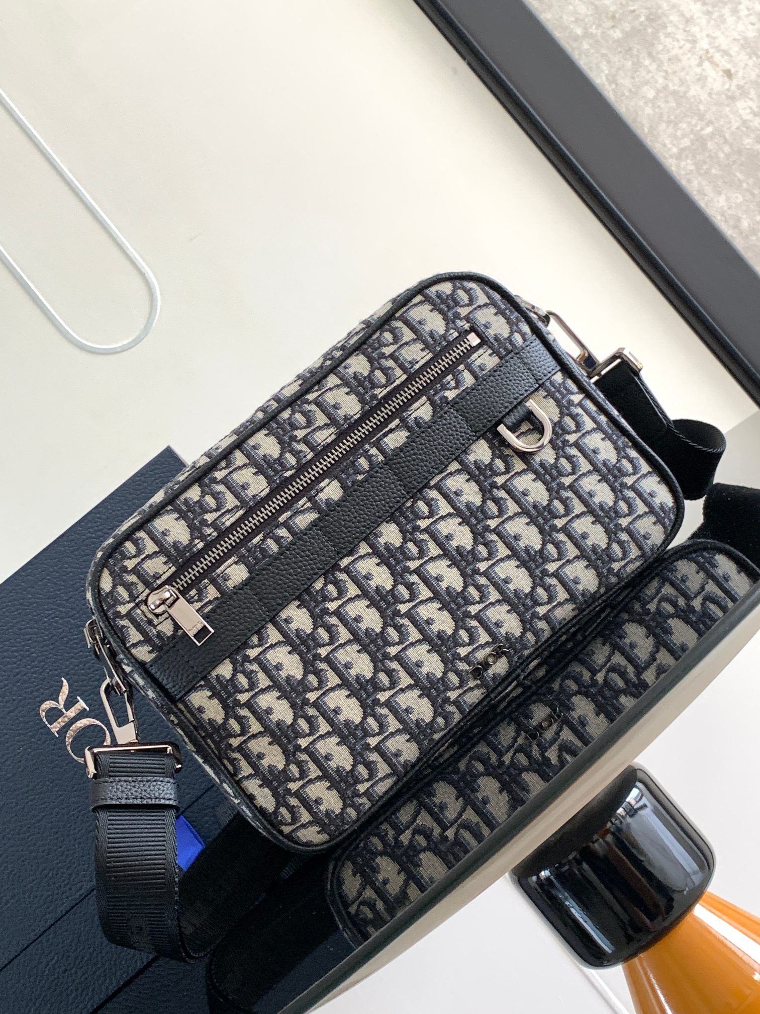 D*or maxi safari bag with strap beige and black D*or oblique jacquard