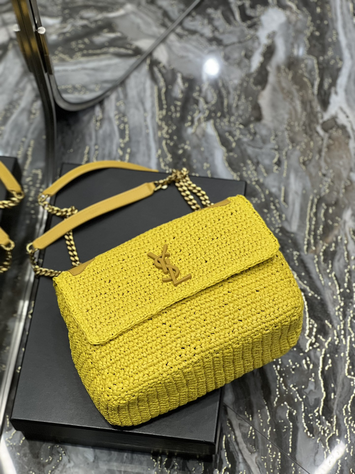Y*L niki medium chain bag in raffia and leather yellow 11 x 7.8 x 3.3 inches