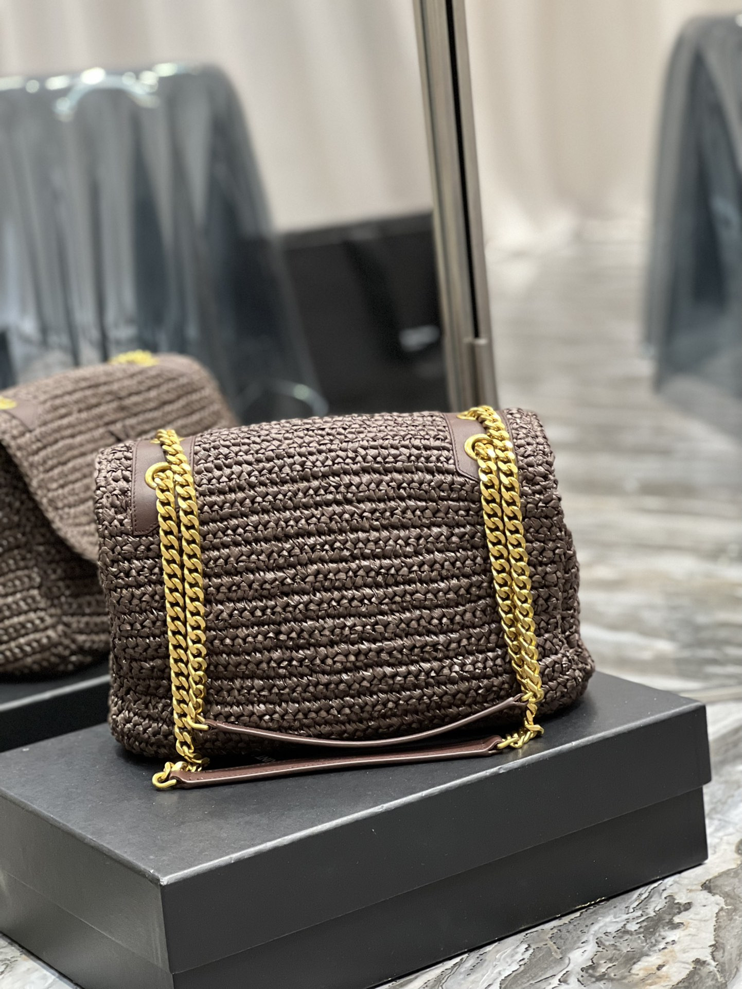 Y*L niki medium chain bag in raffia and leather coffee 11 x 7.8 x 3.3 inches
