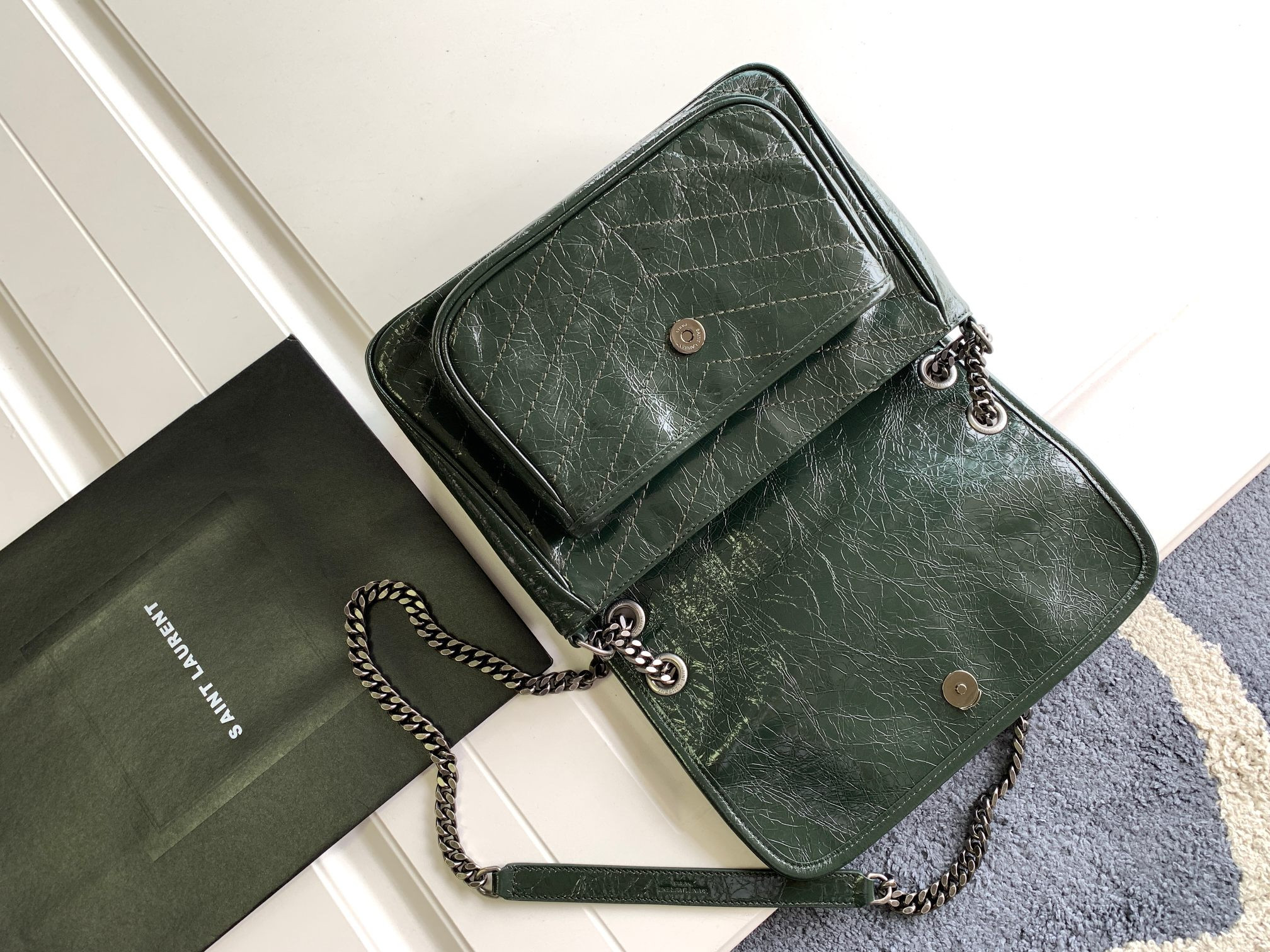 Y*L niki medium in vintage leather dark green 11 x 7.8 x 3.3 inches