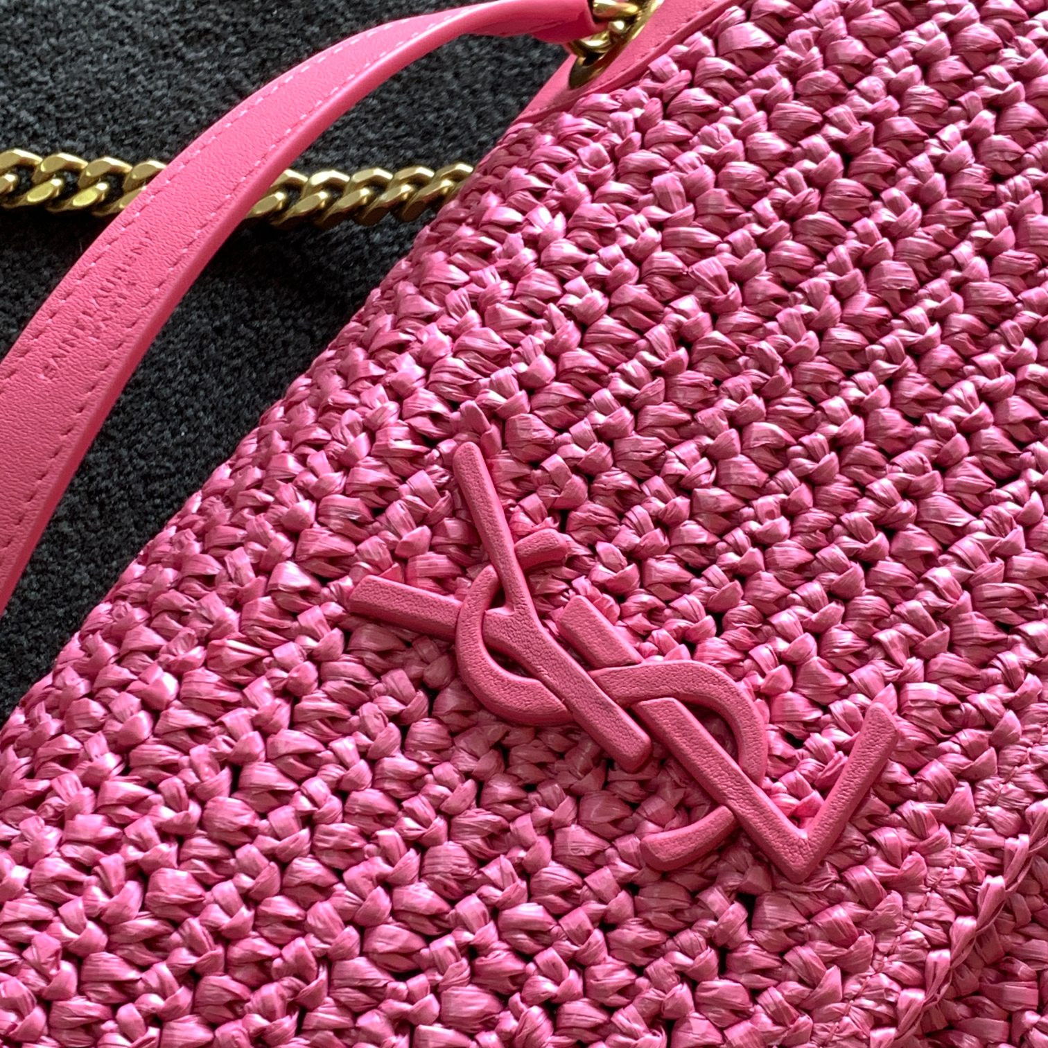 Y*L niki medium chain bag in raffia and leather 11 x 7.8 x 3.3 inches