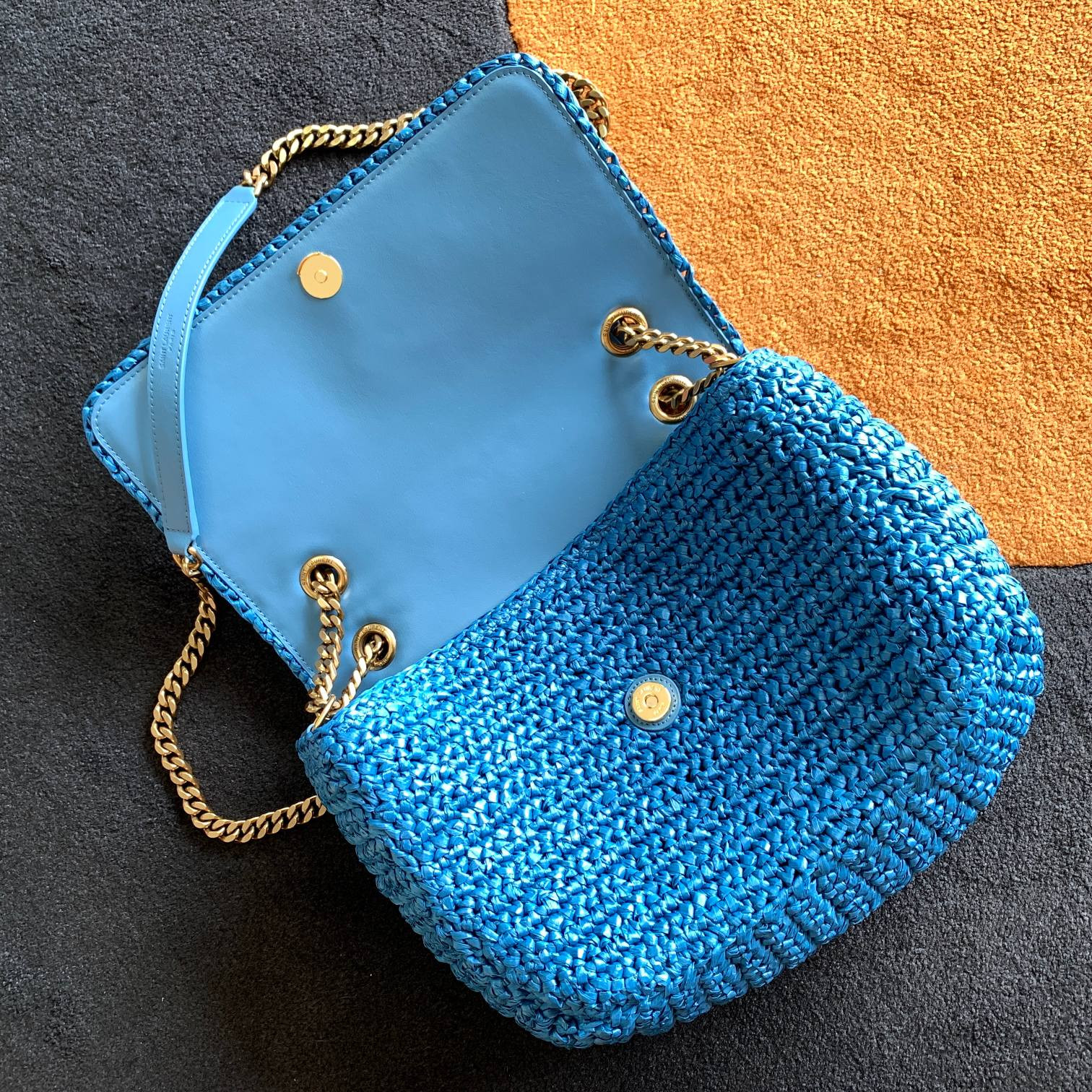 Y*L niki medium chain bag in raffia and leather blue 11 x 7.8 x 3.3 inches