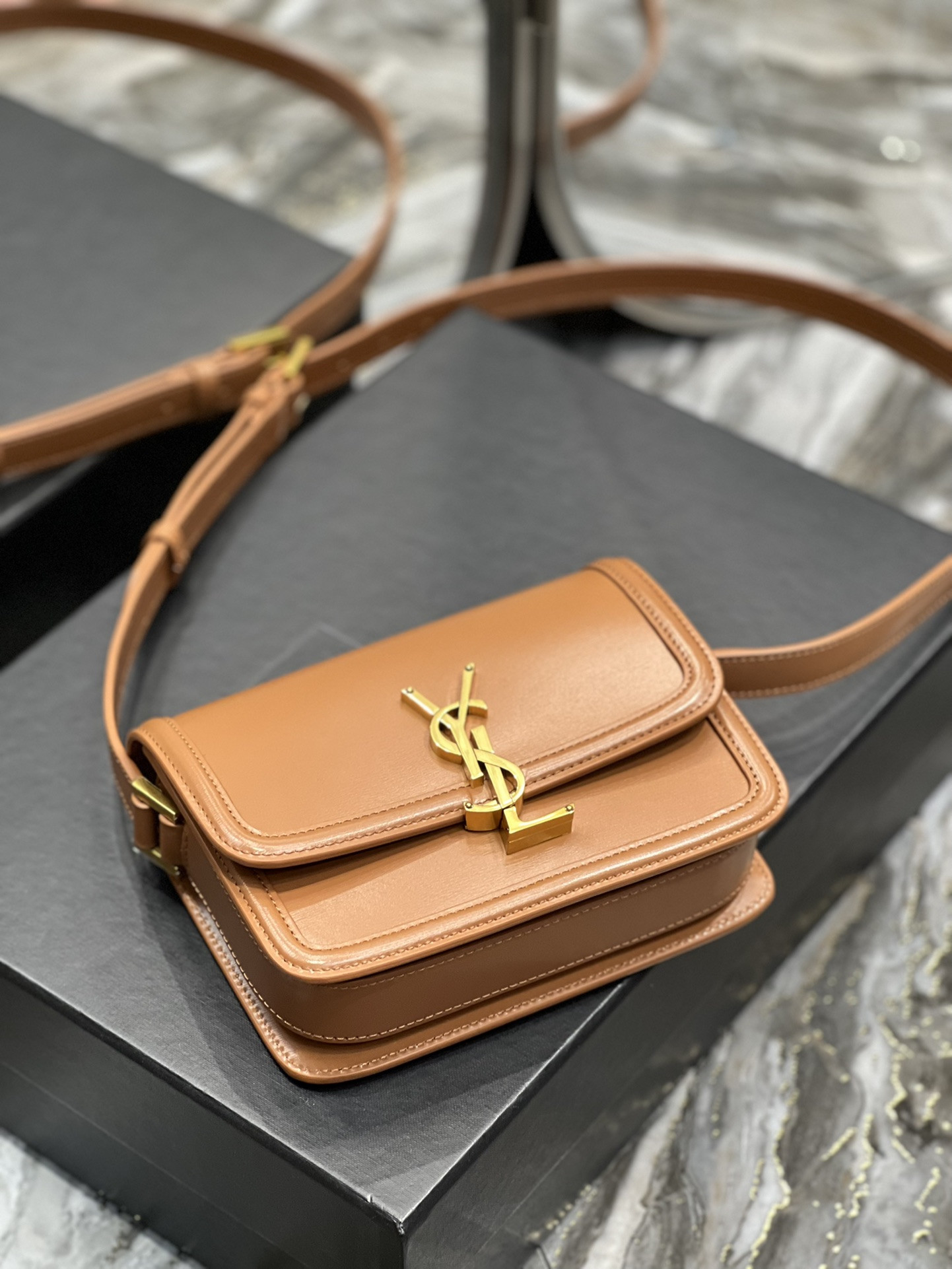 y*l solferino small satchel in box Sa**t Lau*nt brwon 7.4 x 5.1 x 1.9 inches