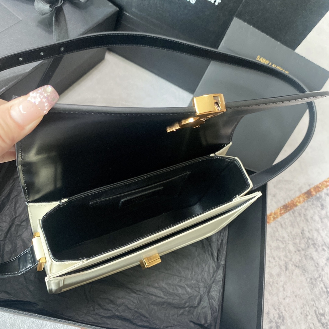 y*l solferino medium satchel in box Sa**t Lau*nt black white 9.1 x 6.3 x 2.4 inches