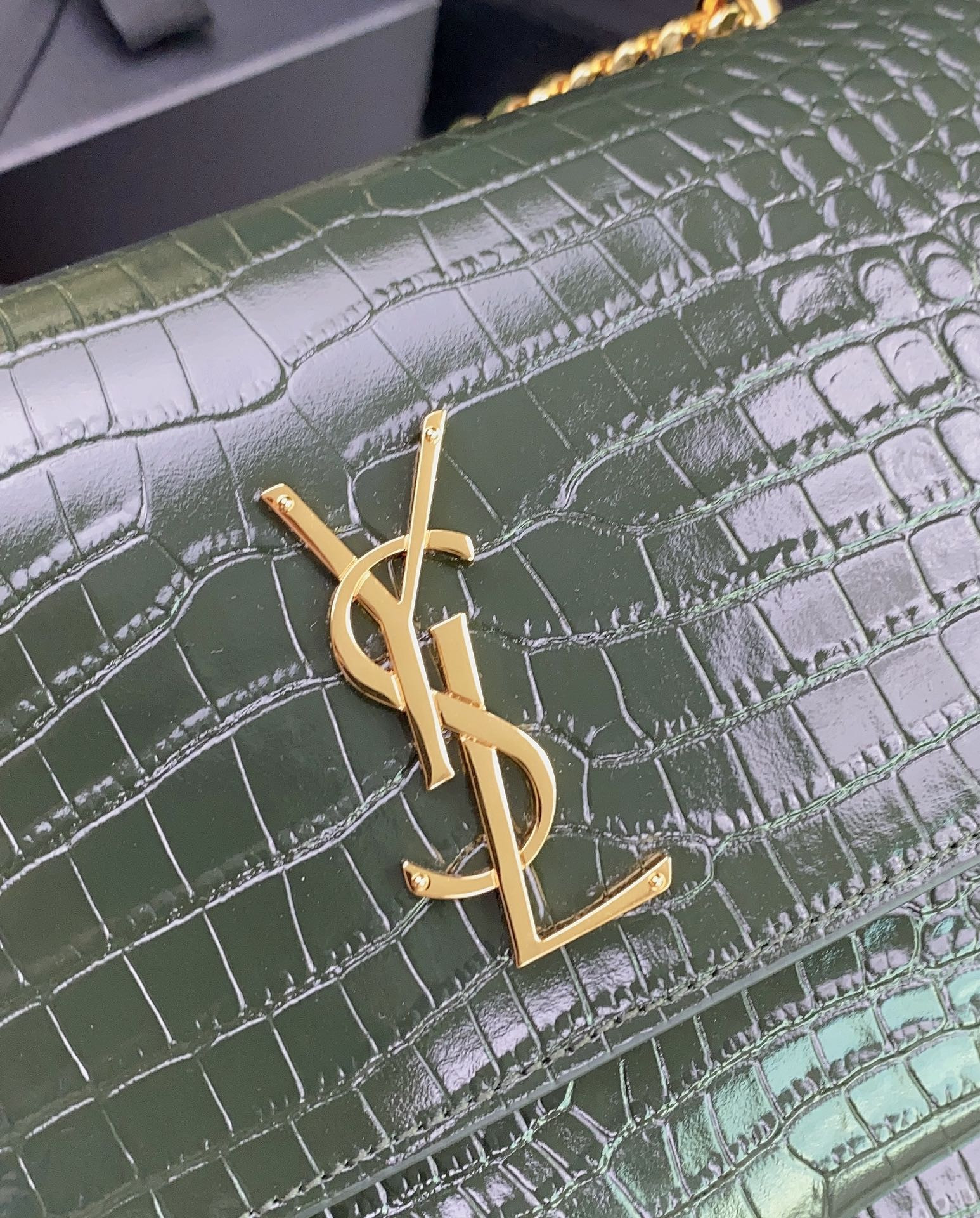 Y*L sunset medium in crocodile-embossed leather mint 8 x 6.2 x 2.5 inches