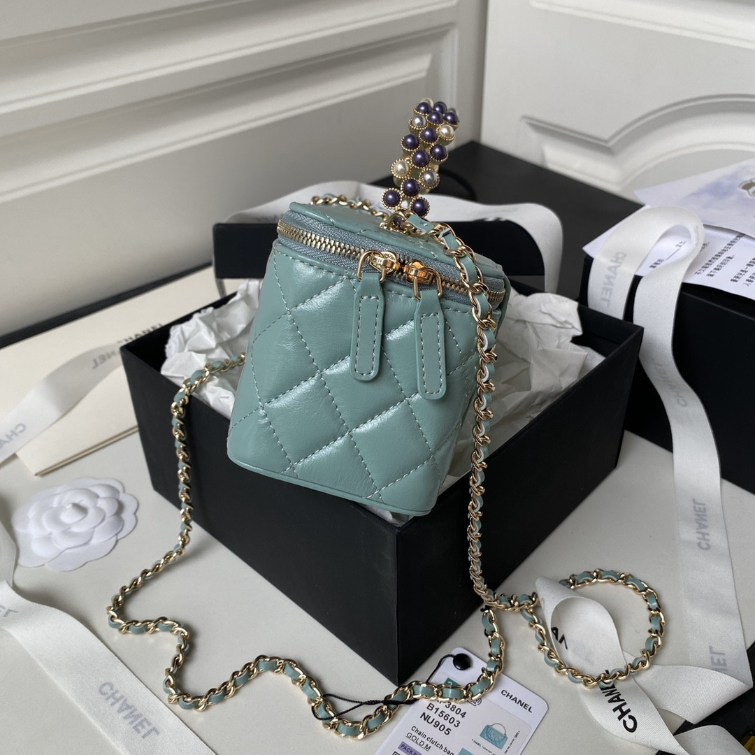 Ch*el 24p chain leather square box shoulder bag blue 16x10x8cm