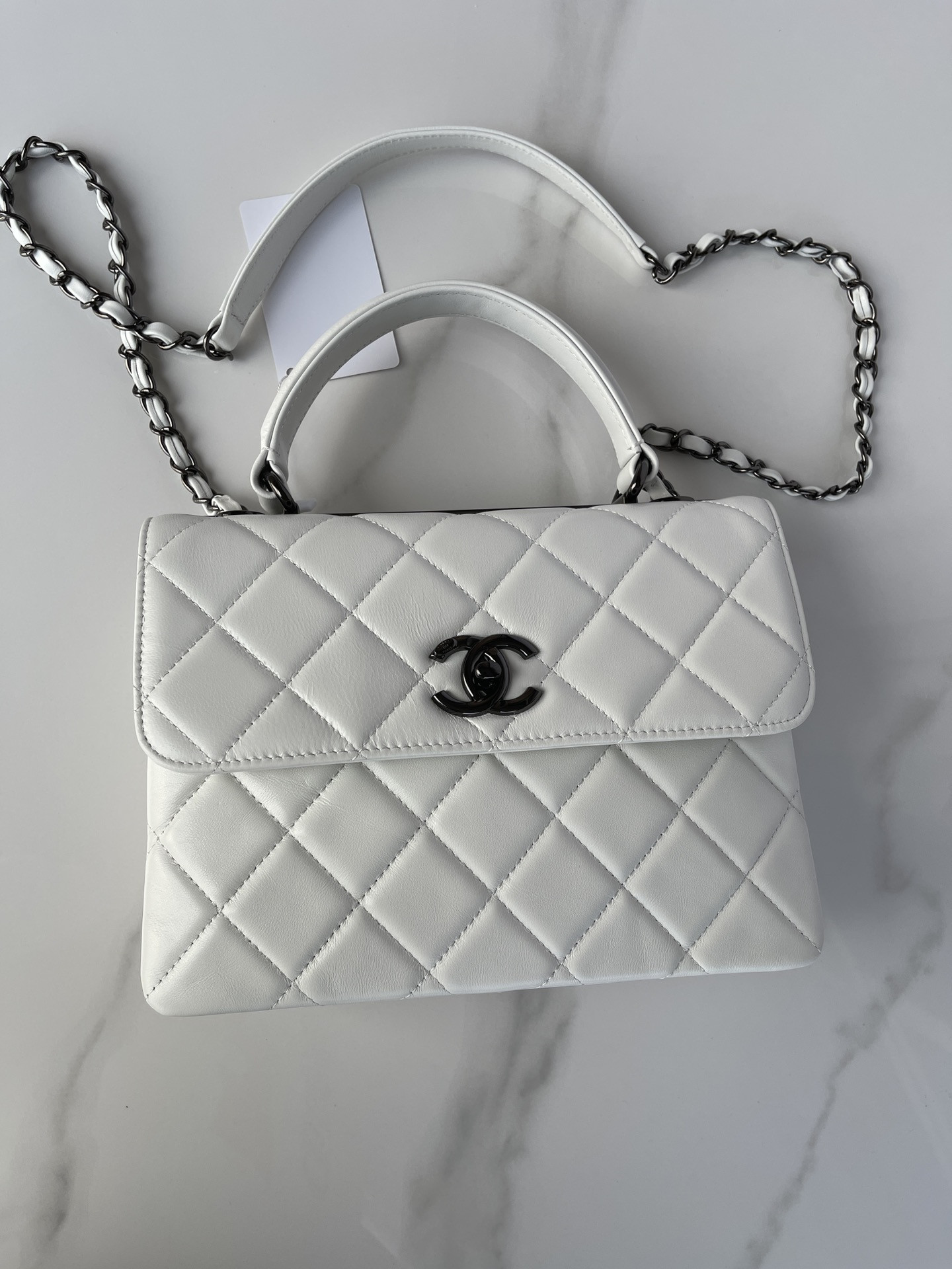 Ch*el flap bag with top handle white 6.6 × 9.8 × 4.7 in
