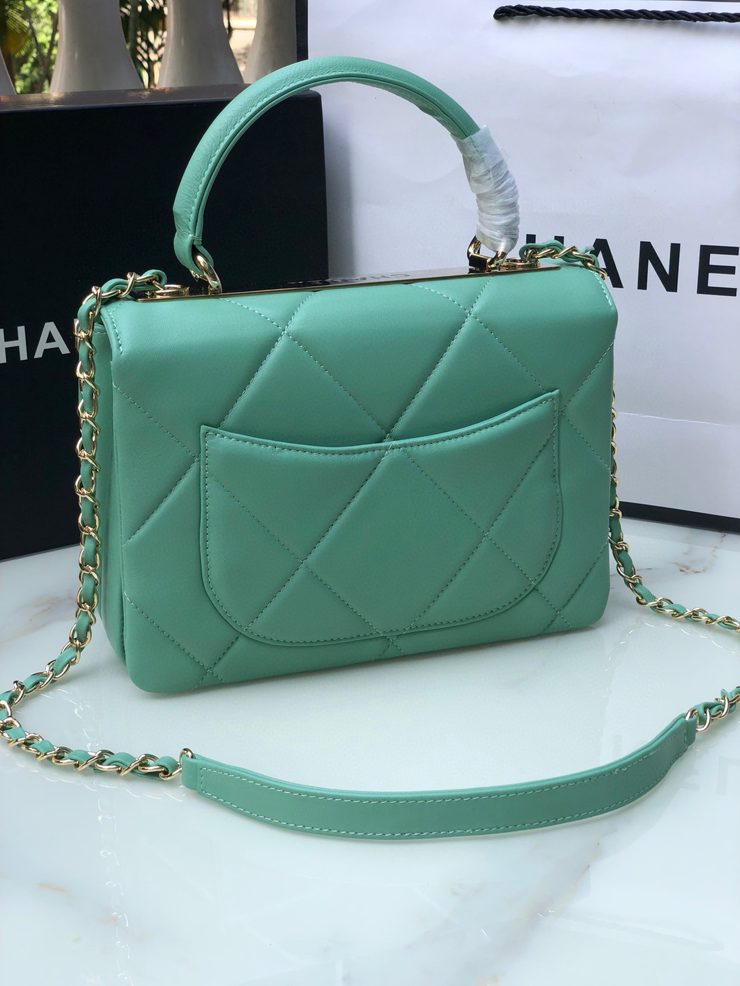 Ch*el flap bag with top handle blue 6.6 × 9.8 × 4.7 in