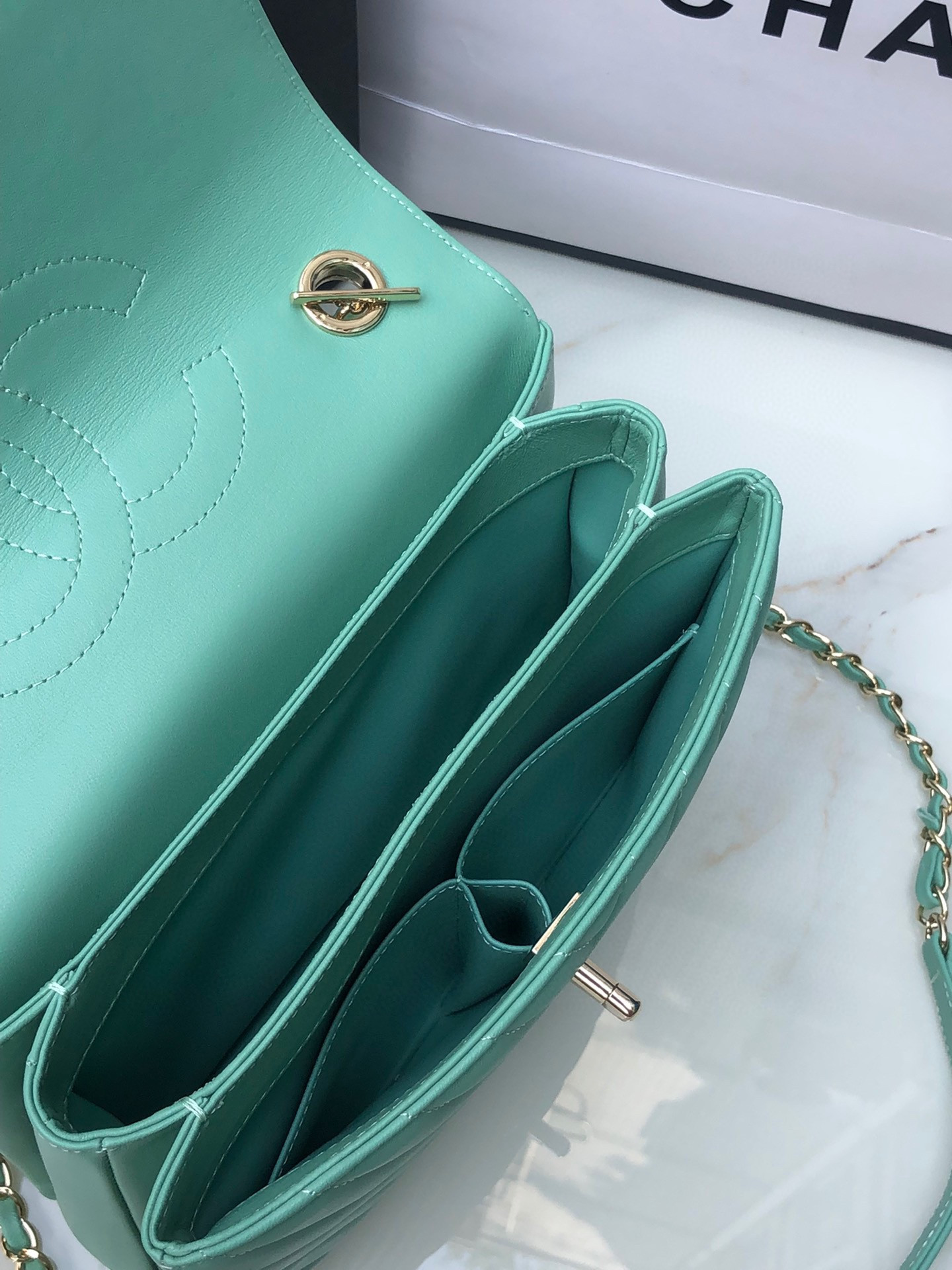 Ch*el flap bag with top handle blue silver 6.6 × 9.8 × 4.7 in