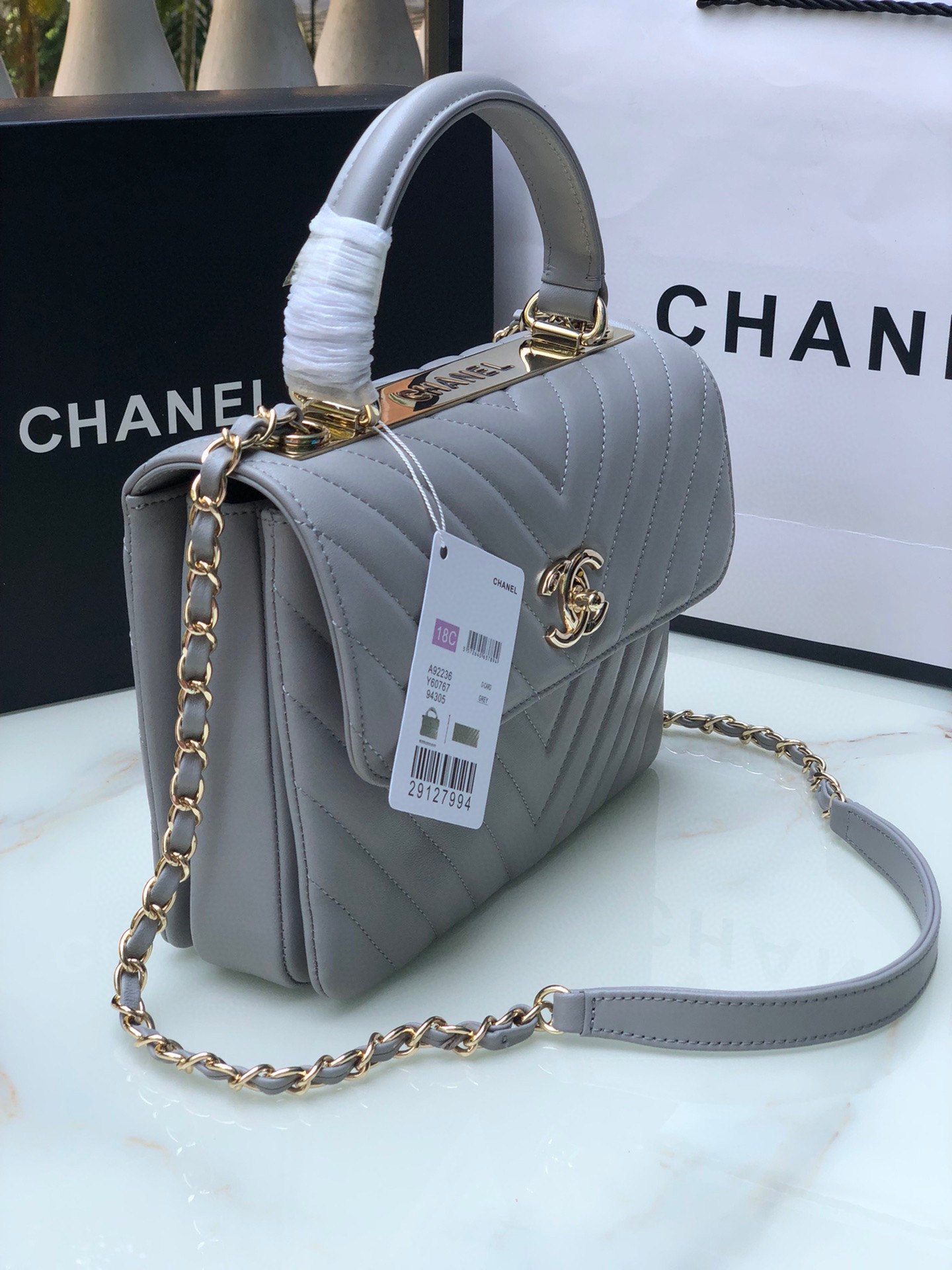 Ch*el flap bag with top handle gray 6.6 × 9.8 × 4.7 in