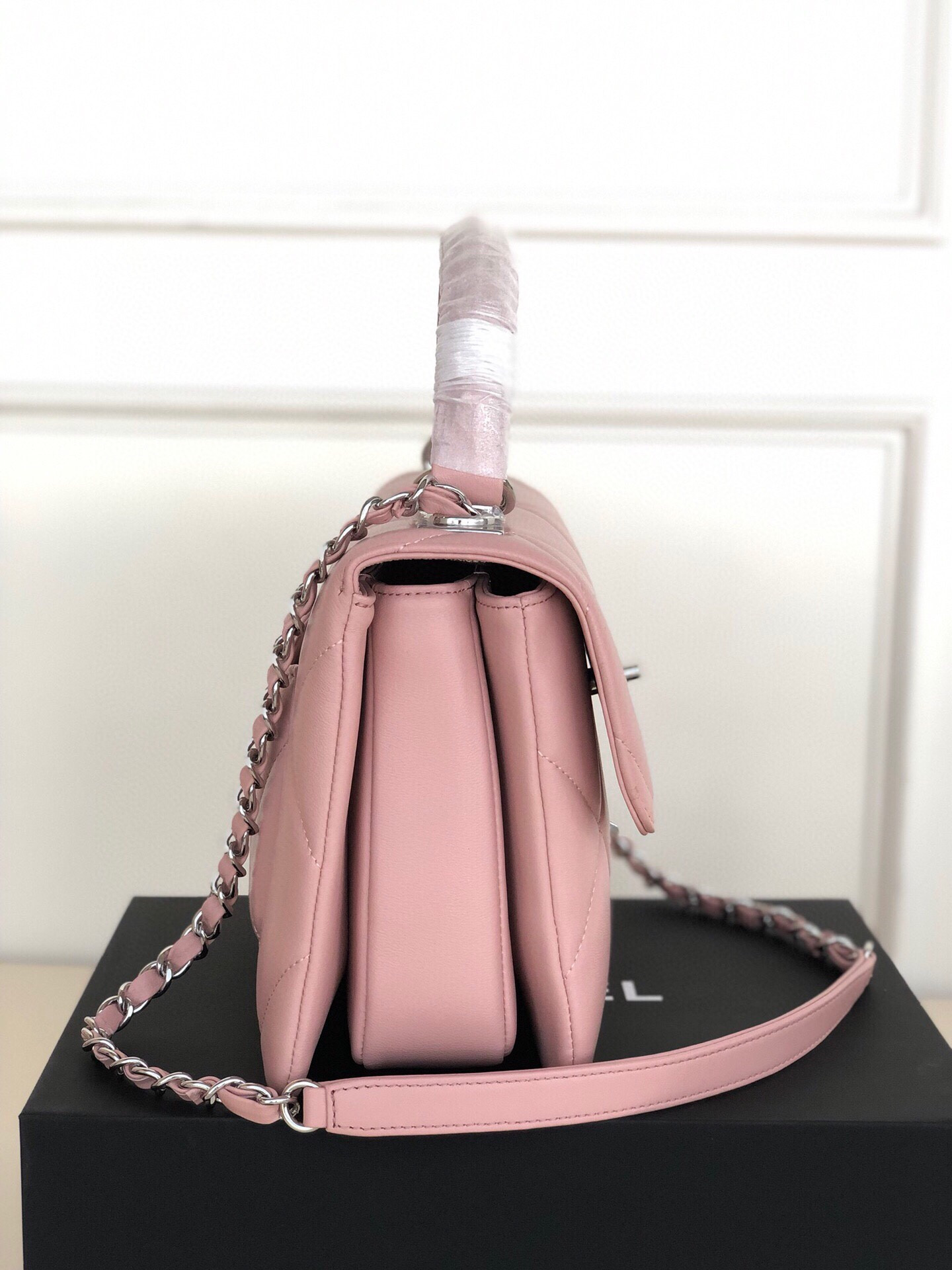 Ch*el flap bag with top handle 6.6 × 9.8 × 4.7 in
