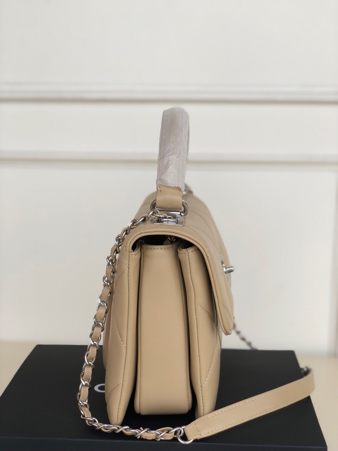 Ch*el flap bag with top handle 6.6 × 9.8 × 4.7 in
