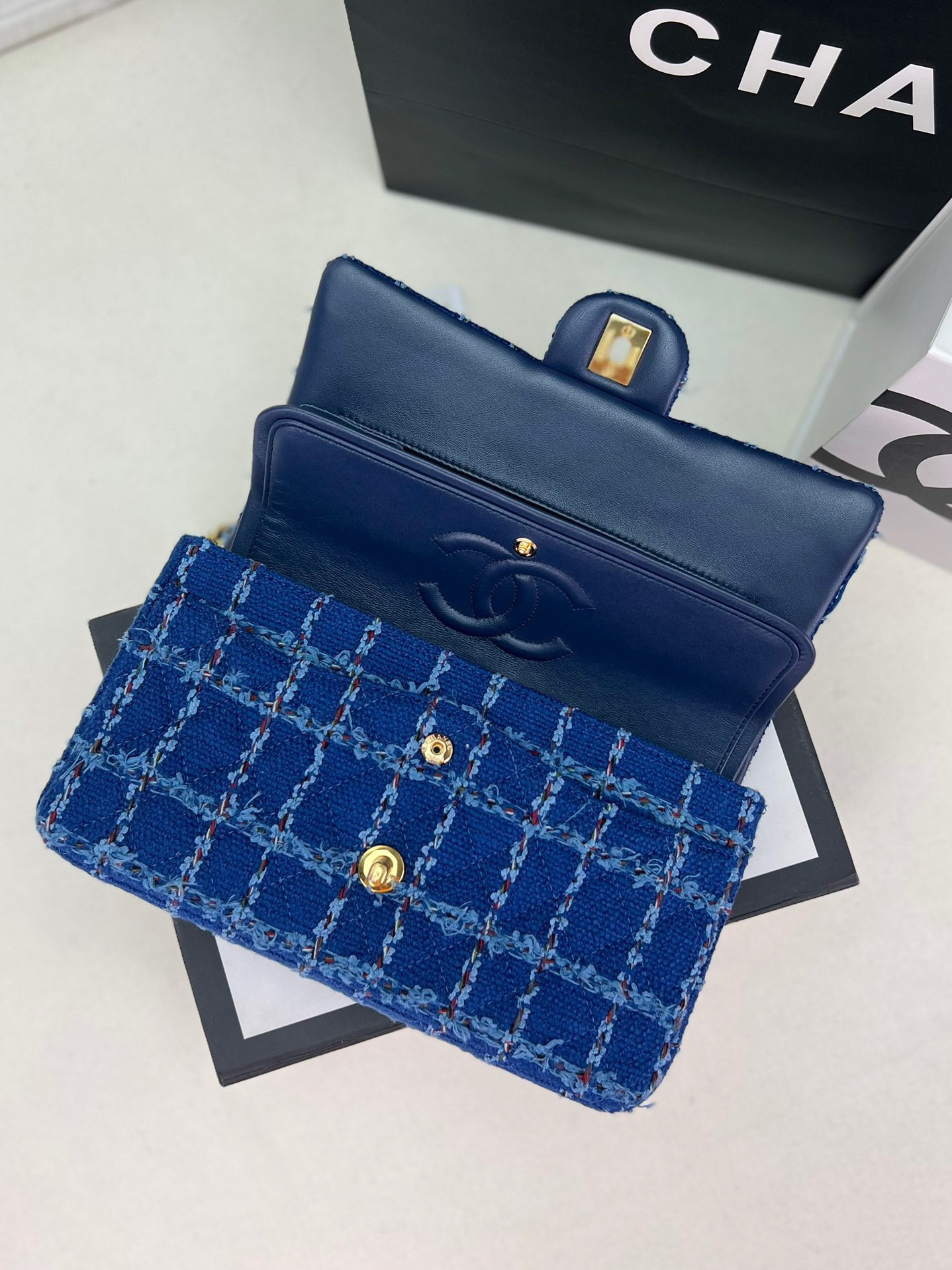 Ch*el classic 11.12 handbag tweed & gold-tone metal 6 × 9.9 × 2.5 in
